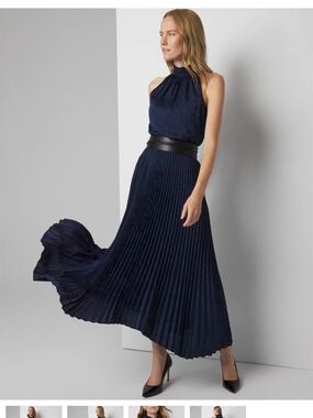 White House Black Market Navy Pleated Maxi Dress with Halter Neck